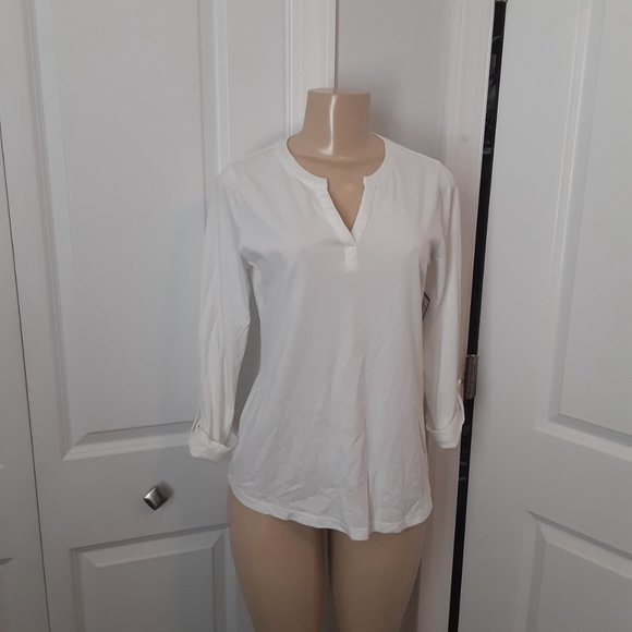 Charter Club Split Neck Bright White 100% Supima Cotton Top Roll Tab - Picture 6 of 10